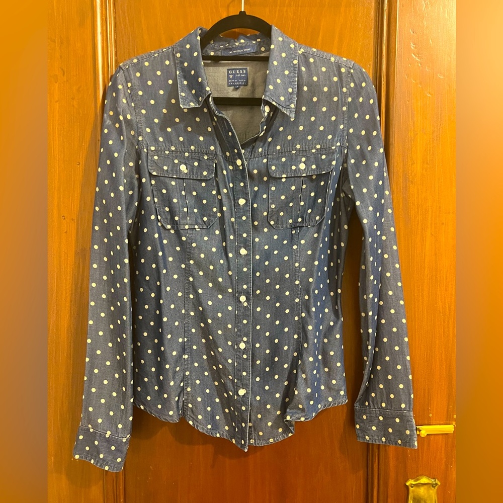 Denim polka dot button-down shirt